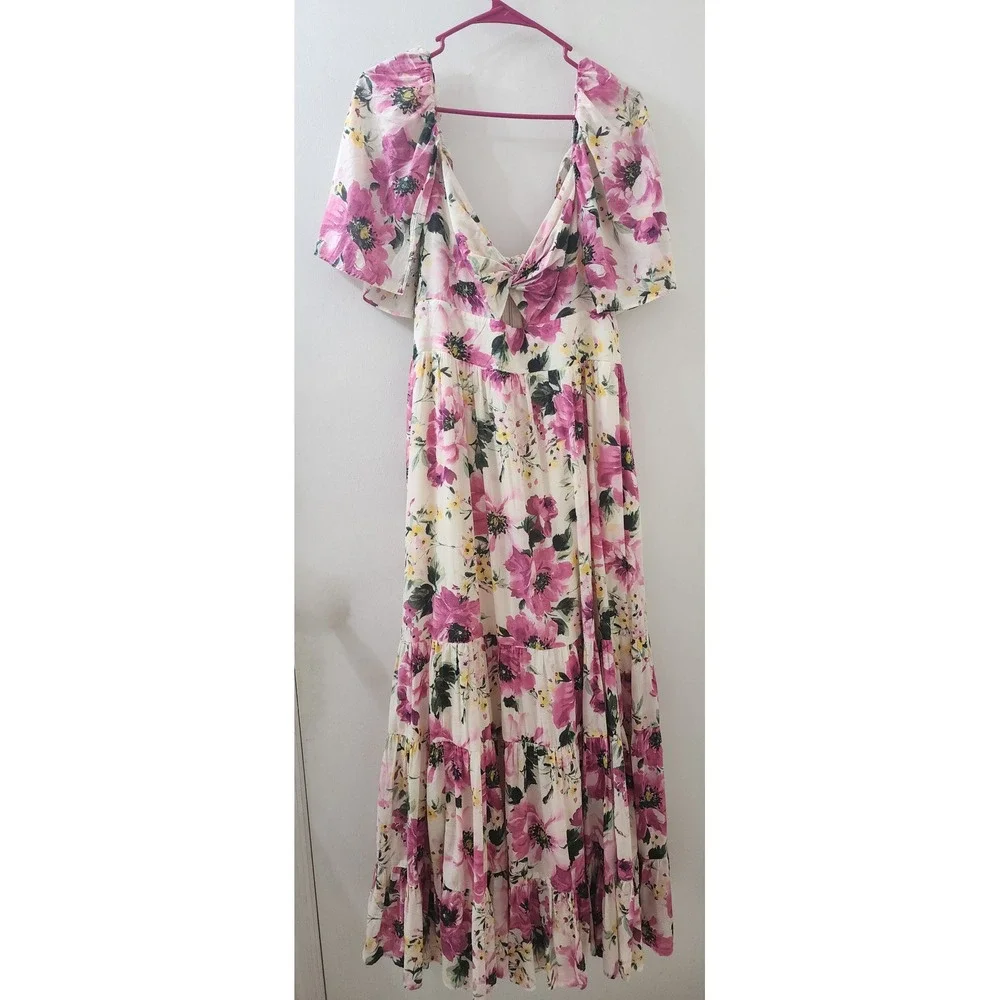 Abercrombie & Fitch Pink Floral Tiered Maxi Dress XL Flutter Sleeve Twist Front